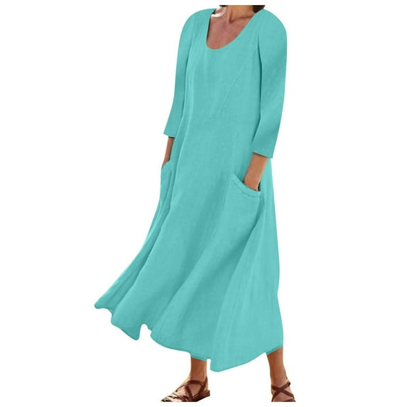 LYXSSBYX Womens Plus Size Dresses Clearance Women's Fashion Long Sleeve Color Cotton Linen Round Neck Pocket Dress