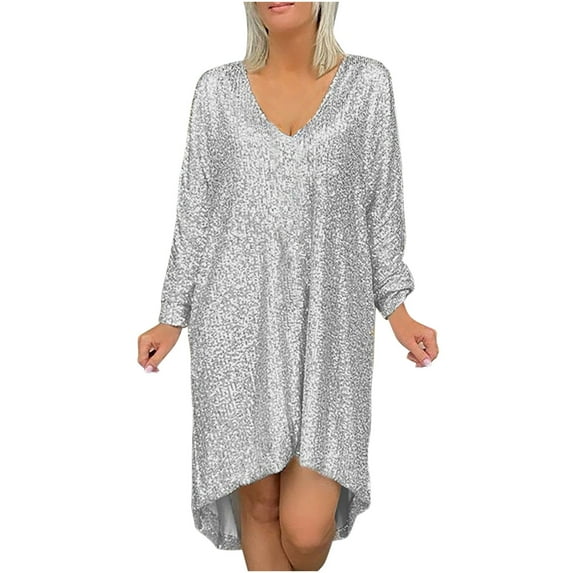 LYXSSBYX Womens Plus Size Dresses Women's Plus Size Sequin V-Neck Loose Long Sleeve Knee-High Dress
