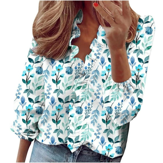 LYXSSBYX Womens Plus Size Tops Clearance Women Casual Full Sleeve V-Neck Tops Loose Shirts Blouse Printing Tops