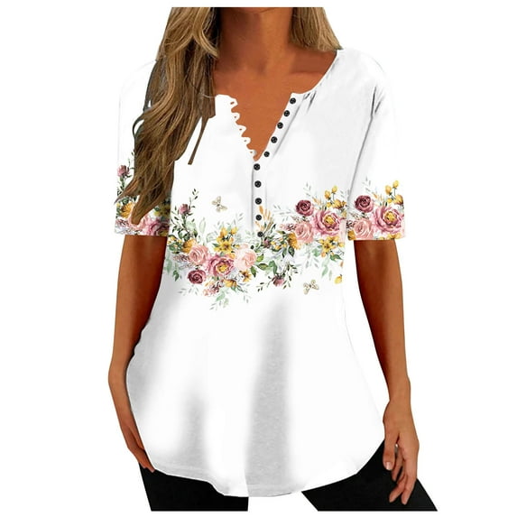 LYXSSBYX Womens Shirts for Summer Women's Fashion V-Neck Print Casual Loose Short Sleeve Top Short Sleeve V-Neck Top/Shirt