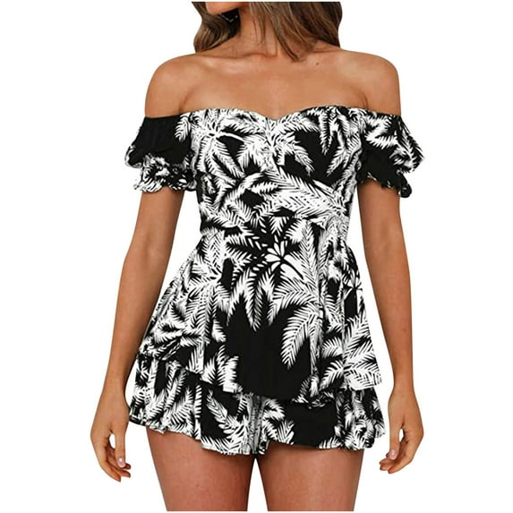 LYXSSBYX Womens Shorts Plus Size Clearance Women Boho Romper off Shoulder Ruffle Chiffon Shorts Jumpsuit Playsuits
