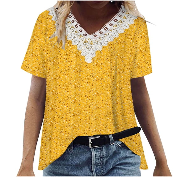 LYXSSBYX Womens Summer Tops Casual Short Sleeves Women Fashion Casual Printing Shirts Short Sleeve Tops V Neck Lace Stitching Blouse