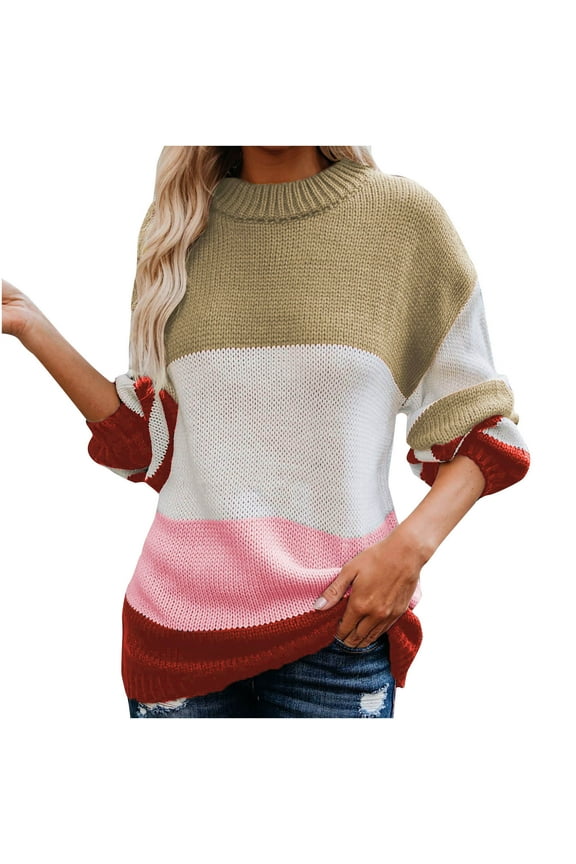 Womens Sweaters Clearance Women Casual Stripe Patchwork Long Sleeve Thick Knit Pullover Crewneck Sweater Coat
