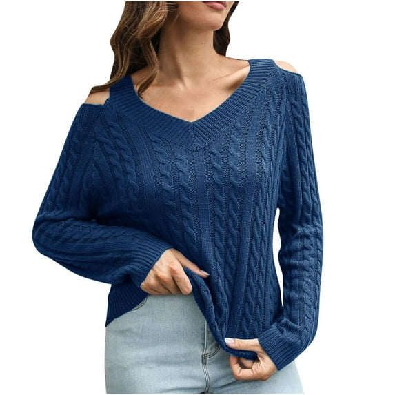 LYXSSBYX Womens Sweaters Clearance Women's Off Shoulder V-Neck Sweater Women's Loose Autumn Winter Long Sleeve Knit Sweater