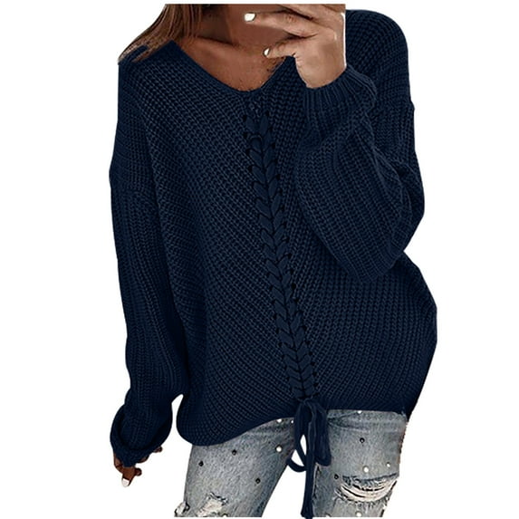 LYXSSBYX Womens Sweaters Clearance Womens Fashion Solid Long Sleeve Sweater Loose V-Neck knitting Sweater
