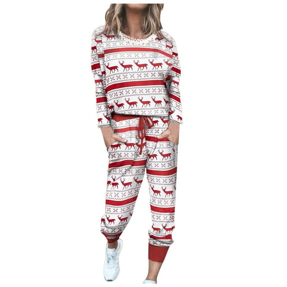 LYXSSBYX Womens Sweatpants with Pockets Plus Size Women’s Christmas Print Two Piece Outfit Long Sleeve Crewneck Pullover Tops Long Pants Sweatsuits Tracksuits