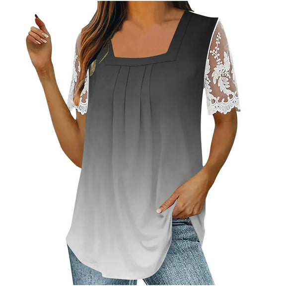 LYXSSBYX Womens T Shirts Graphic Tees Trendy Women's Fall and Summer Sexy Short Sleeved Neck Printed Color Lace Patchwork Fold T-Shirt Top Blouse