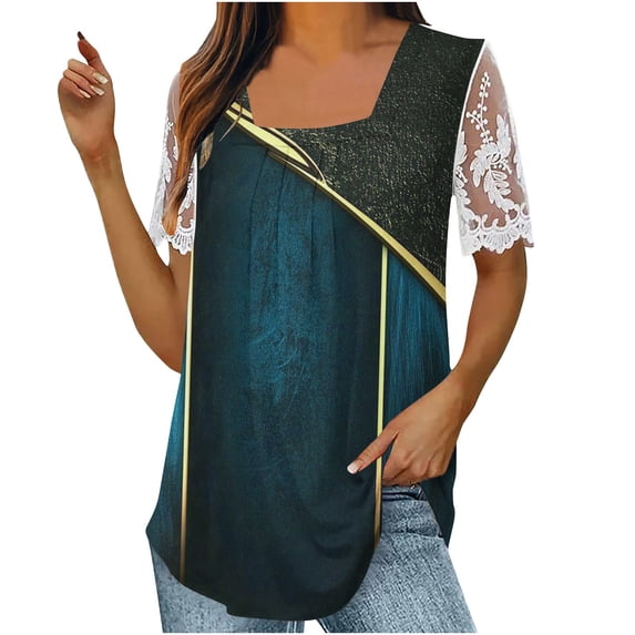 LYXSSBYX Womens T Shirts Graphic Tees Trendy Women's Fall and Summer Sexy Short Sleeved Neck Printed Color Lace Patchwork Fold T-Shirt Top Blouse