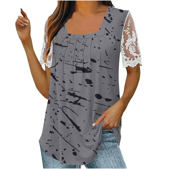 LYXSSBYX Womens T Shirts Graphic Tees Trendy Women's Fall and Summer Sexy Short Sleeved Neck Printed Color Lace Patchwork Fold T-Shirt Top Blouse