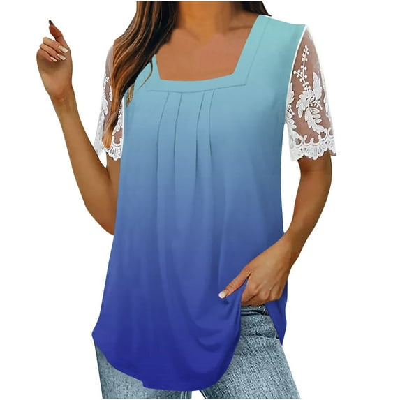 LYXSSBYX Womens T Shirts Graphic Tees Trendy Women's Fall and Summer Sexy Short Sleeved Neck Printed Color Lace Patchwork Fold T-Shirt Top Blouse