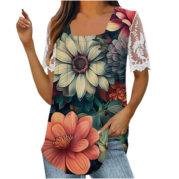 LYXSSBYX Womens T Shirts Graphic Tees Trendy Women's Fall and Summer Sexy Short Sleeved Neck Printed Color Lace Patchwork Fold T-Shirt Top Blouse