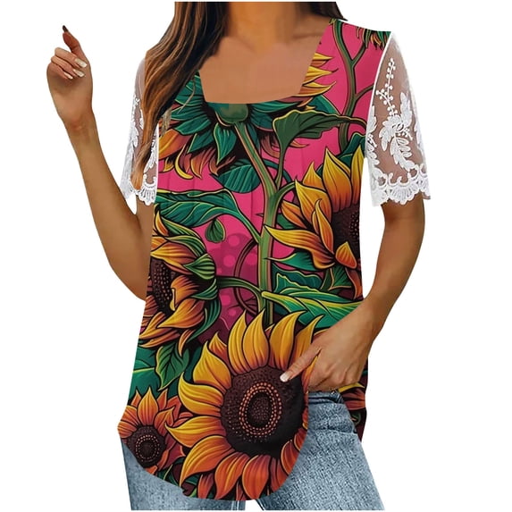 LYXSSBYX Womens T Shirts Graphic Tees Trendy Women's Fall and Summer Sexy Short Sleeved Neck Printed Color Lace Patchwork Fold T-Shirt Top Blouse