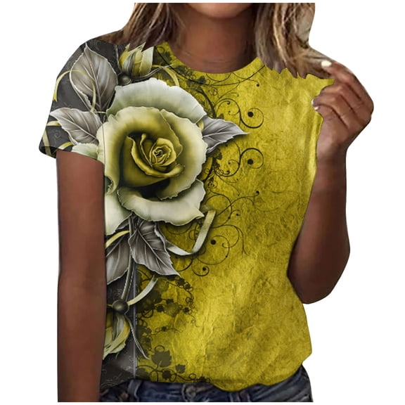 LYXSSBYX Womens T Shirts Graphic Tees Trendy Womens Fashion Print Tops Short Sleeve Out Blouse Round Neck T-Shirt Tops