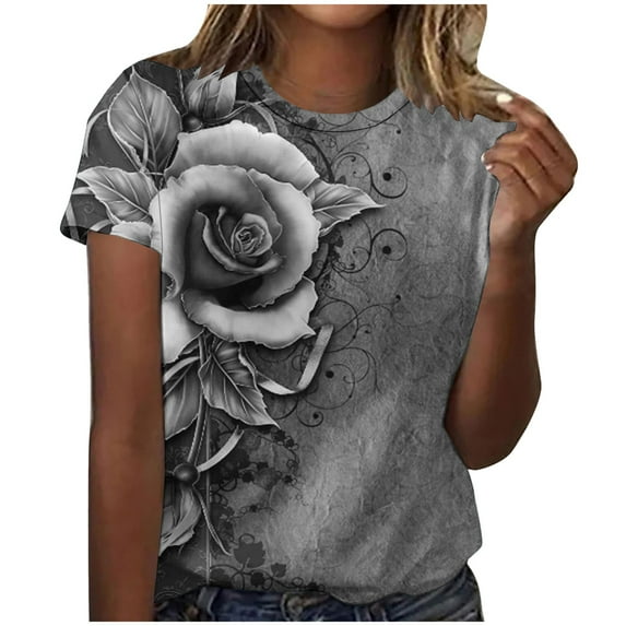 LYXSSBYX Womens T Shirts Graphic Tees Trendy Womens Fashion Print Tops Short Sleeve Out Blouse Round Neck T-Shirt Tops