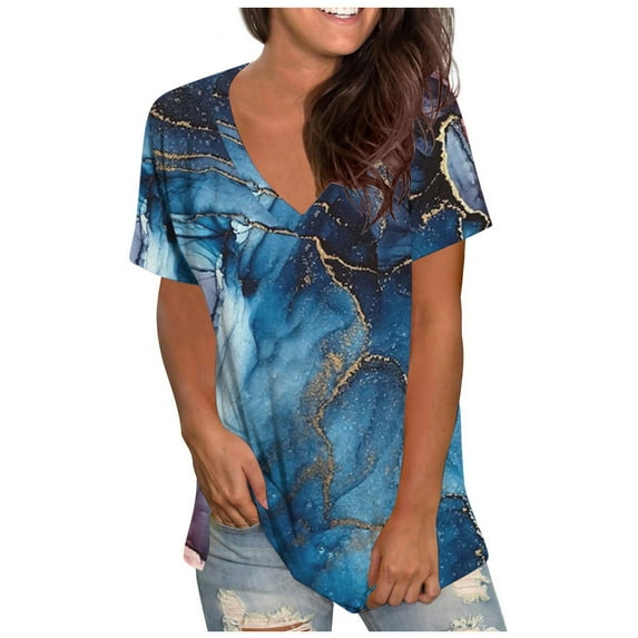 LYXSSBYX Womens T Shirts V Neck Clearance Fashion Women's Summer V-Neck Short Sleeve Print Casual T-Shirt Blouse