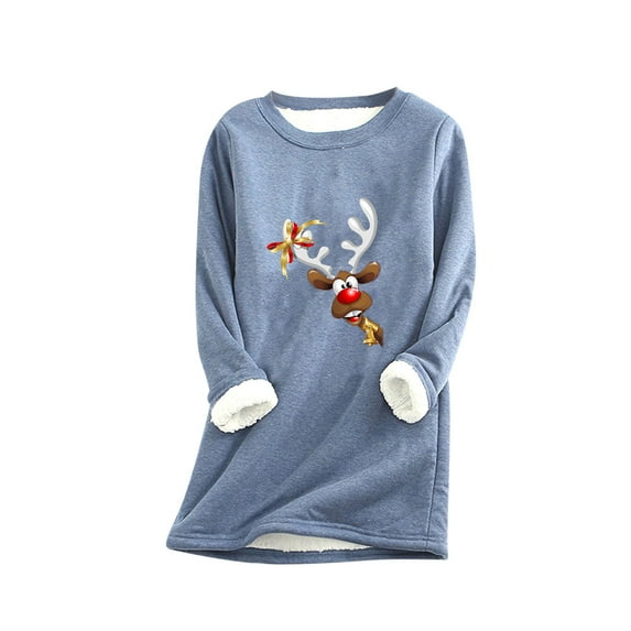LYXSSBYX Womens Tops Long Sleeve Clearance Christmas Print Women Fashion Thick Fleece Sweatshirt Velvet Warm Round Neck Underwear Top