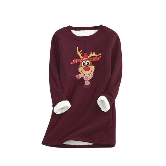 LYXSSBYX Womens Tops Long Sleeve Clearance Christmas Print Women Fashion Thick Fleece Sweatshirt Velvet Warm Round Neck Underwear Top