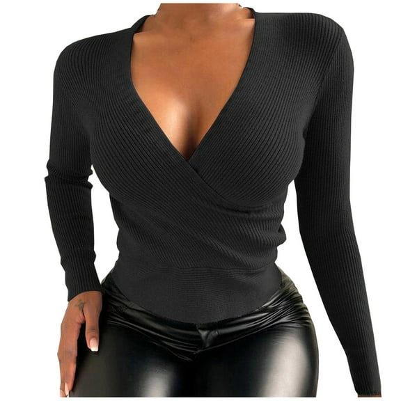 LYXSSBYX Womens Tops Long Sleeve Clearance Sale Fashion Women V-Neck Solid Long Sleeve Cross Knitt Sweaters Pullover Slim Tops