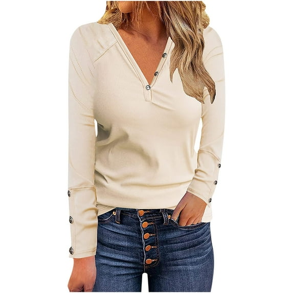 LYXSSBYX Womens Tops Long Sleeve Clearance Sale Womens Casual Tops Fashion V-Neck Solid Long Sleeve T-shirt Blouse