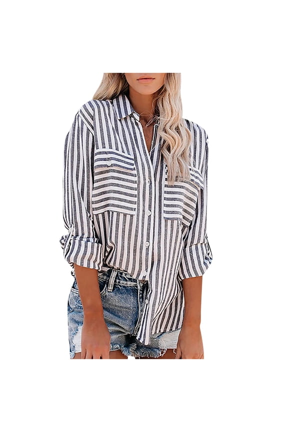 Womens Tops Long Sleeve under $15 Women's Tops Striped Printed Single Breasted Long Sleeve Shirt Cotton Linen Tops