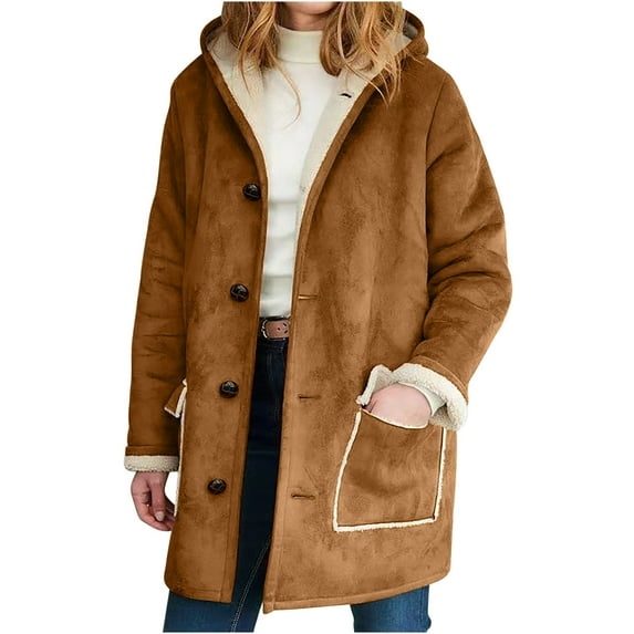 LYXSSBYX Womens Winter Coats Deals Women Winter Warm Composite Plush Button Hooded Jacket Outwear Solid Color Coat