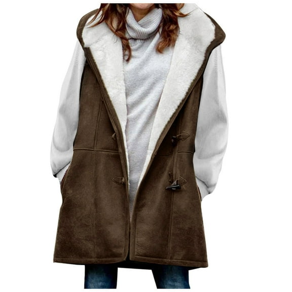 LYXSSBYX Womens Winter Coats Women Winter Solid Plus Velvet Coat Sleeveless Horn Buckle Pocket Over Coat Tops