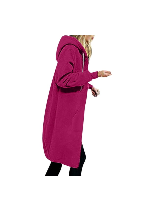 Womens Winter Jackets with Hood Women's Solid Color Jacket Thickening and Fleece and Winter Casual Zipper Long Sleeve Pocket Hooded Long Sweater