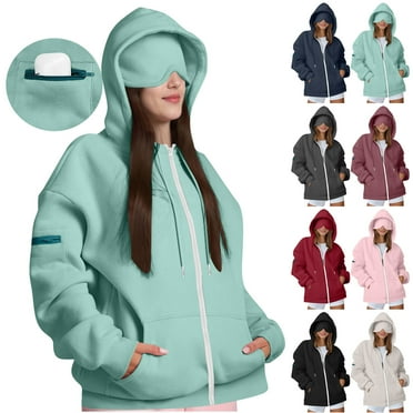 LYXSSBYX Zip up Hoodie Women Teen Girl Fall Casual Sweatshirts with Eye Mask,Long Sleeve Drawstring Jackets Pockets Overcoat
