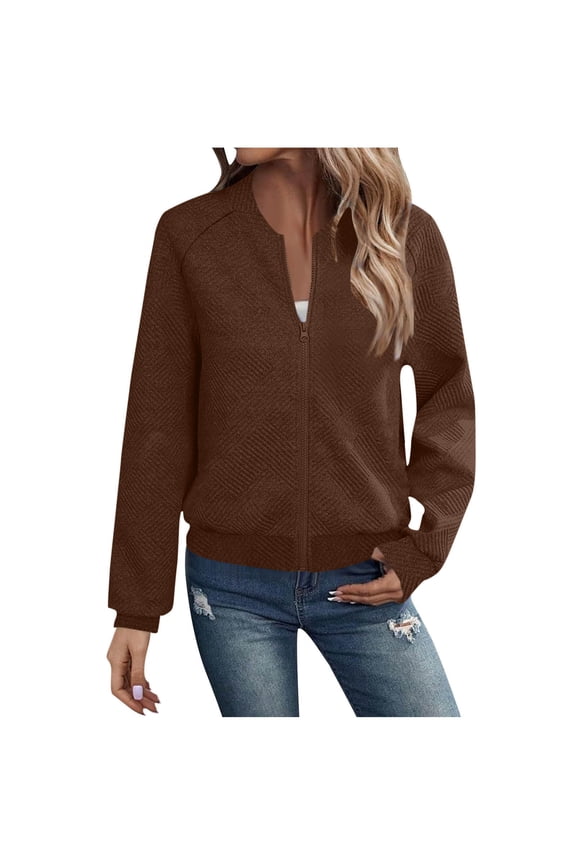 Zipper Jackets for Women No Hood Long Sleeved Solid Color Coat Full Zipper Sweatshirt Fall Clothes
