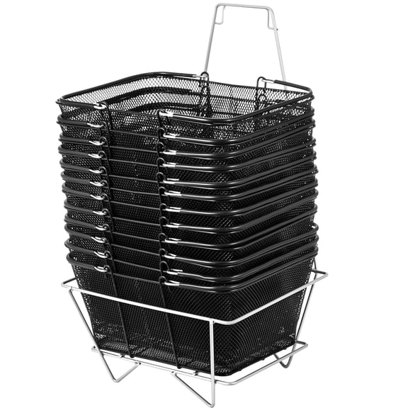 LYYHTY 12PCS Metal Mesh Shopping Baskets with Handles – Portable Retail Store Grocery Baskets with Stand, 44 lbs Capacity, Stackable, Black