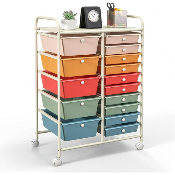 LYYHTY 15-Drawer Rolling Storage Cart, Multipurpose Movable Organizer, Utility Cart for Home, Office, School, Macaron Color