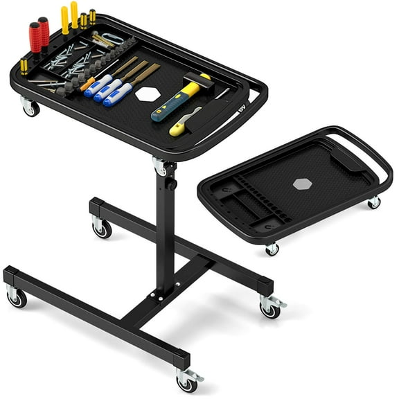 LYYHTY 2-in-1 Rolling Tool Tray with Detachable Parts Tray, Adjustable-Height Portable Mechanic Tool Cart with Magnetic Trays & 8 Casters, Heavy-Duty Metal Work Table for Garage & Auto Shop