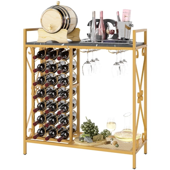 LYYHTY 21 Bottle Wine Rack Freestanding Floor Wine Bottle Organizer with Glass Holder and Storage Shelf for Home Kitchen Dining Room, Metal and Wood Wine Stand, Black & Golden