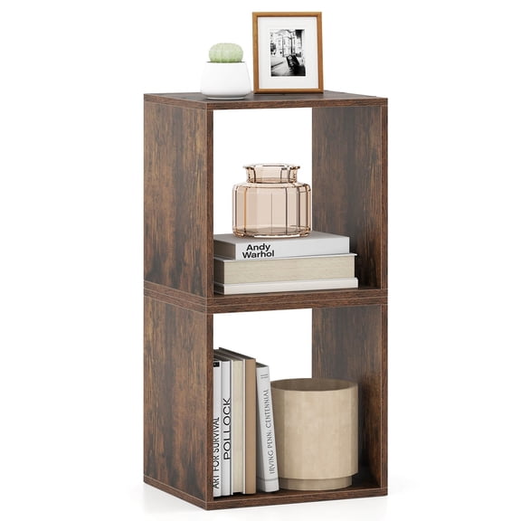 LYYHTY 2PCS Stackable Storage Cube Organizer, Modular Free-Standing Bookcase Shelves, 2-Tier Wooden Storage Cabinets for Bedroom, Living Room, or Office, Brown