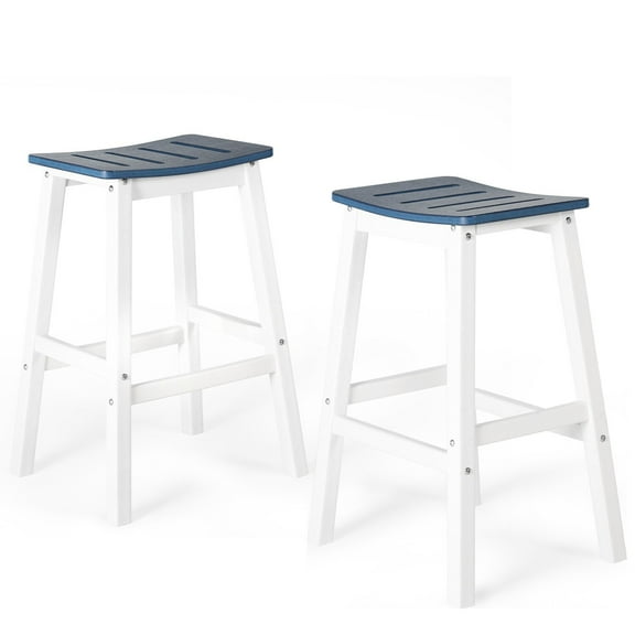 LYYHTY 2Pcs 28'' Tall Outdoor Bar Stools Backless Saddle Counter w/Footrest - Rustproof Frame & Weather-Resistant, Ideal for Patio/Deck Bar Seating​Navy Blue and White