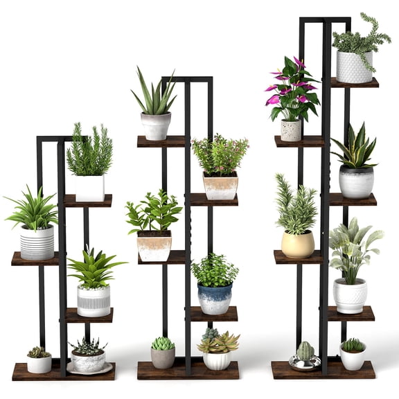 LYYHTY 3 PCS Plant Stand Set Indoor, 4+5+6 Tier Multi-Tiered Flower Stands, Black Metal & Brown Wood, Staggered Design, Anti-Toppling Device, Rustic Display Shelves for Home Decor
