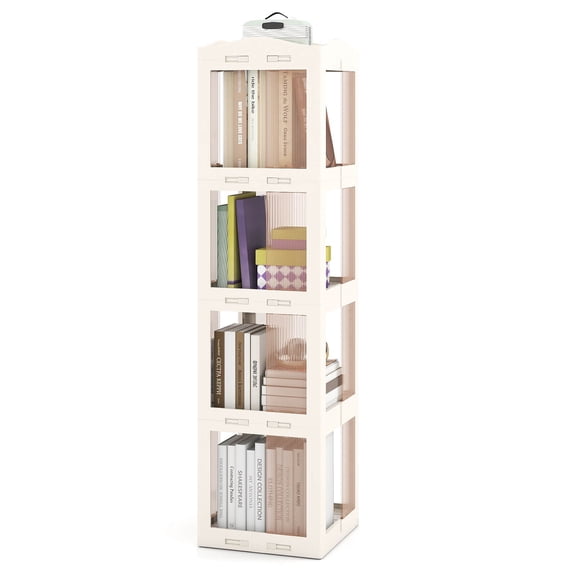 LYYHTY 360 Spinning Bookcase with Swivel Base, 4-Tier Revolving Bookshelf Tower, Space-Saving Foldable Storage Organizer for Living Room, Study, Office, White