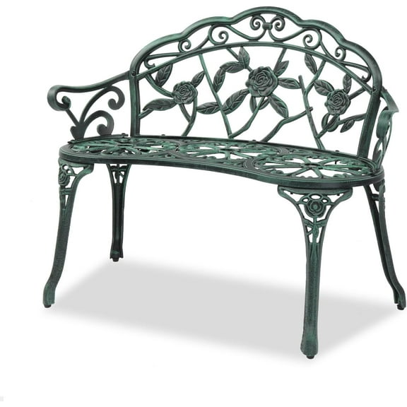 LYYHTY 38.5" Patio Park Garden Outdoor Metal Rose Bench,Cast Iron Cast Aluminium Frame Antique Finish Chair,Accented Lawn Front Porch Path Yard Decor Deck Furniture for 2 Person Seat（Green&Black