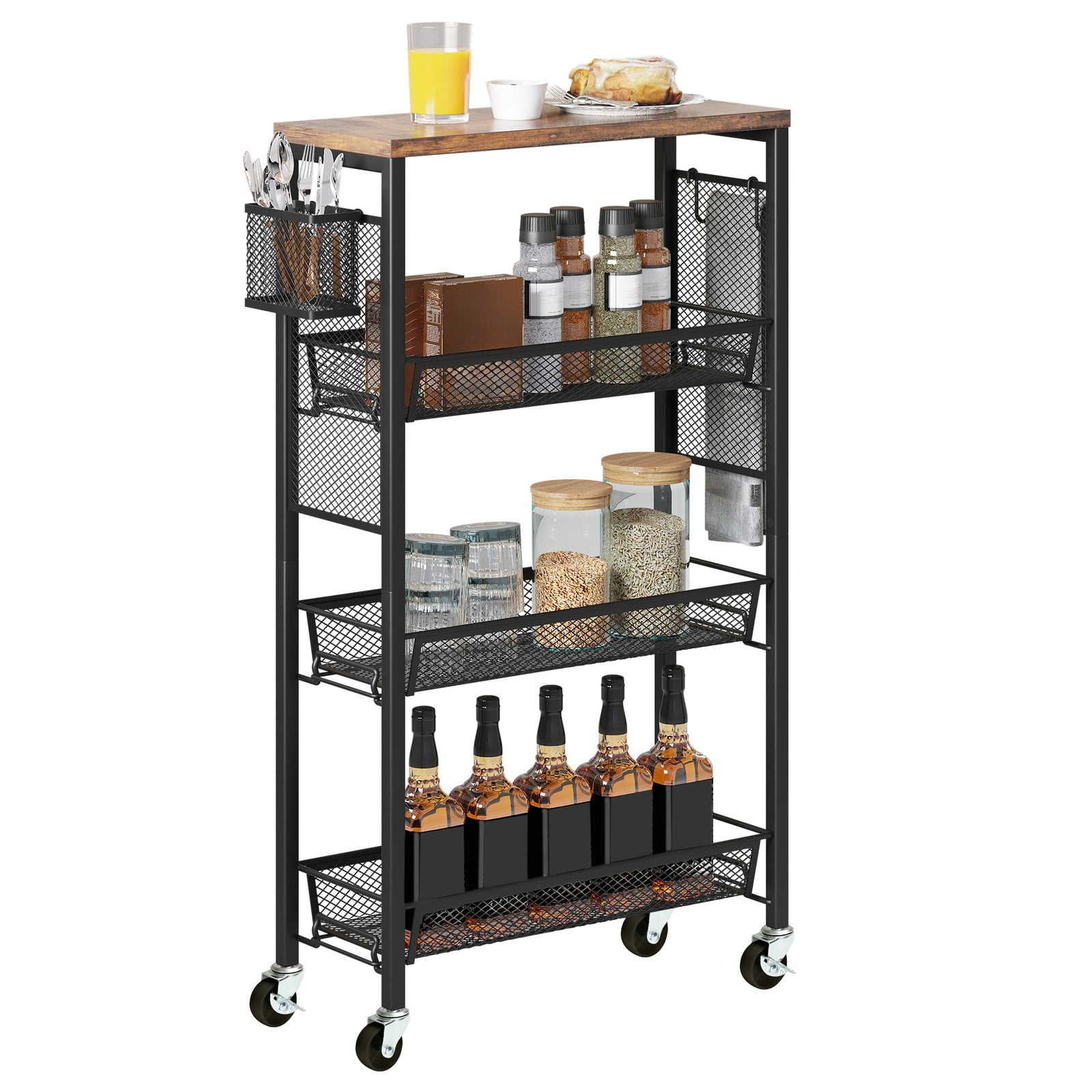 LYYHTY 4-layer narrow wheeled storage cart with wooden countertop ...