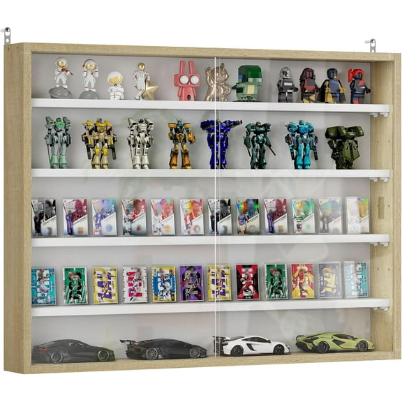 LYYHTY 5-Tier Wall-Mounted Glass Display Cabinet, Adjustable Shelves Double Glass Door Showcase, Decorative Display Case for Playroom/Bedroom,Oak and White