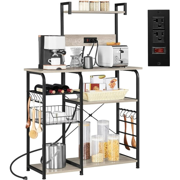 LYYHTY 55" Industrial Kitchen Baker's Rack with Power Outlet, 4-Tier Utility Storage Shelf with Wire Basket & 10 Hooks for Kitchen/Dining Room/Living Room,Gray