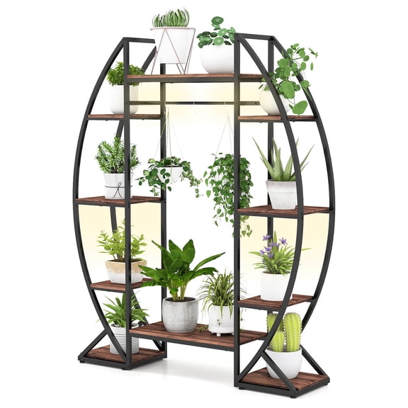LYYHTY 63" Tall 10-Tier Indoor Plant Stand with 4 Grow Lights, Multi-Plant Metal Shelf with Timer & Adjustable Brightness, Heavy-Duty Plant Rack for Living Room Balcony Garden Display (Brown+Black)