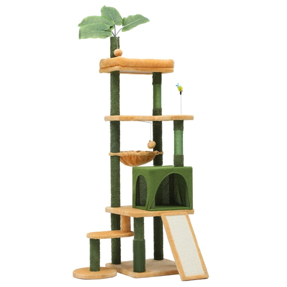 LYYHTY 67" Cat Tree Tower, Tall Cat Condo with Scratching Posts, Supports 33lbs Kitty, Green & Yellow, Indoor Cat Furniture with Grooming Brush & Toys