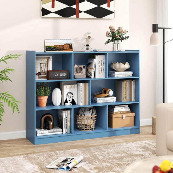 LYYHTY 8-Cube 3-Tier Open Wooden Bookshelf, Toy & Decor Storage Organizer with Anti-Tip Kits, Sturdy Blue MDF Bookcase for Living Room, Bedroom, Office