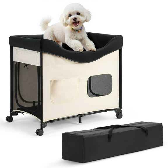 LYYHTY Dual-Level Pet Bed with Lockable Casters, Foldable & Portable, Side Storage Bag, Waterproof Oxford Fabric, Elevated Dog Bed for Cats & Dogs