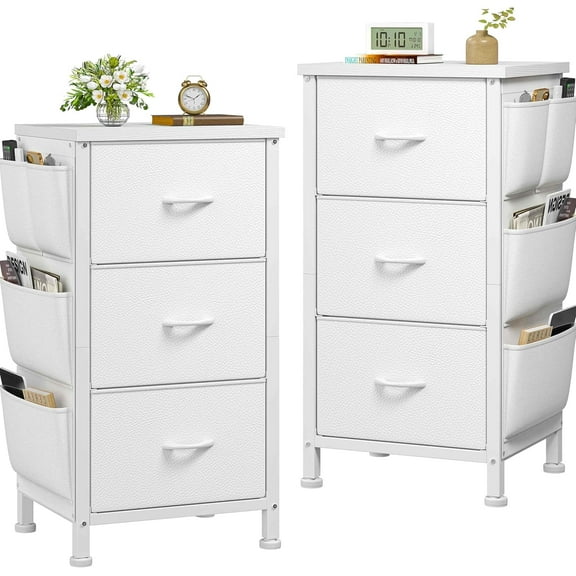 LYYHTY Fabric Drawer Nightstand, with Charging Station & Smart Light, Wooden Top Steel Frame Side Table for Bedroom/Dorm/Entryway​,2PCS,White