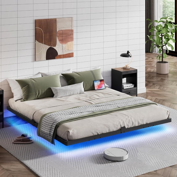 LYYHTY Floating King Bed Frame, LED Bed Frame with Charging Station, Metal Platform Beds King Size with Heavy Duty Steel Slats, No Box Spring Needed, Easy Assembly, No Noise, Black