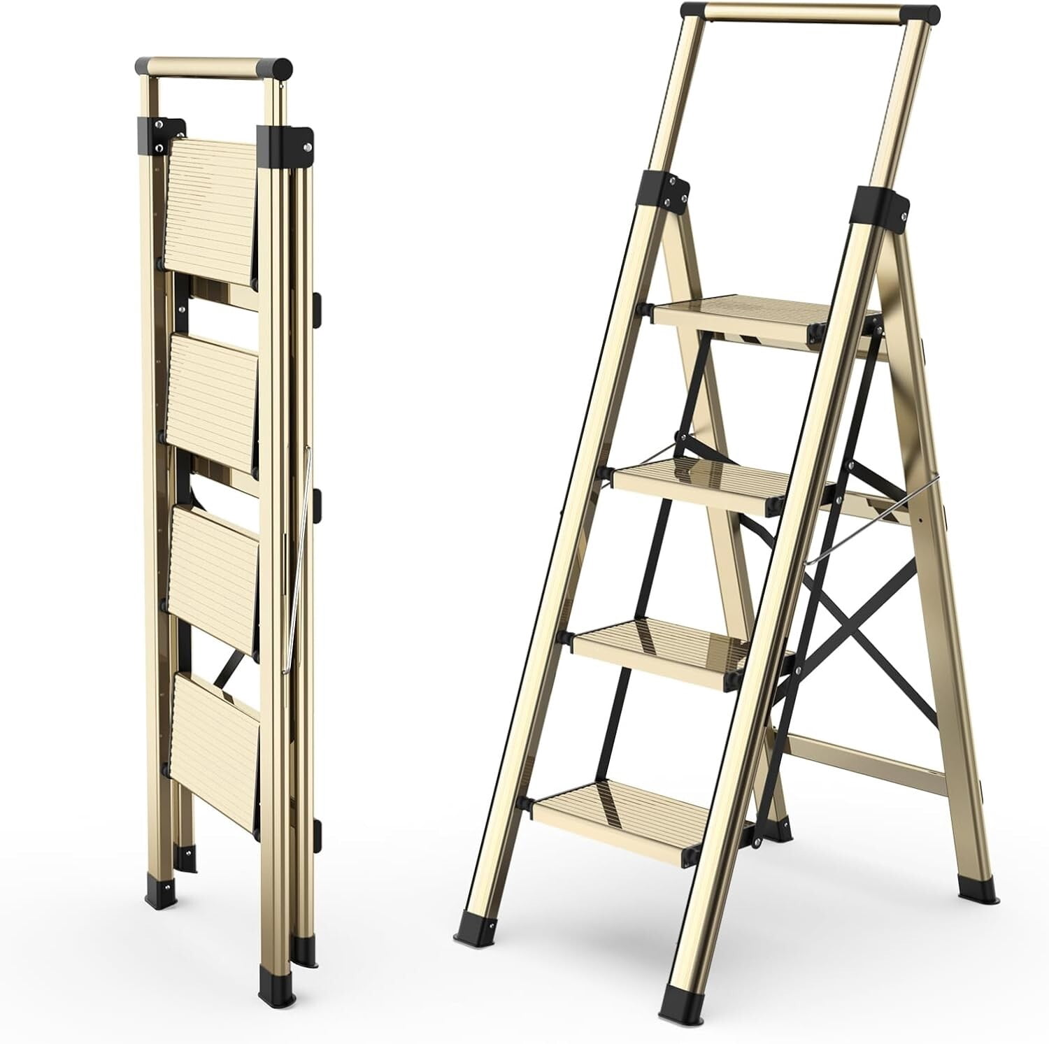 LYYHTY Golden 4-step folding aluminum alloy ladder for household use, lightweight and wide step climbing ladder, multifunctional folding ladder for changing lights, retrieving items, and storage - Walmart.com