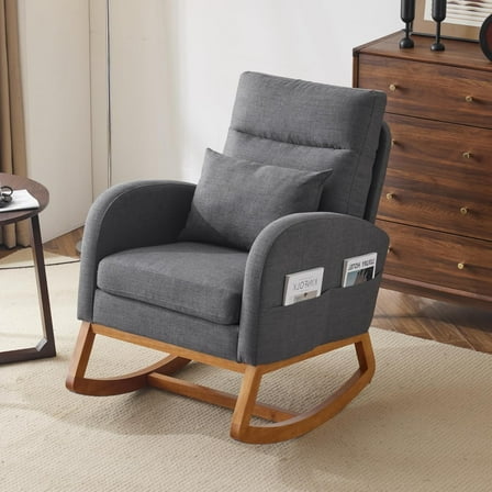 LYYHTY Grey Linen Nursery Rocking Chair with Thick Headrest, Upholstered Mid-Century Modern Nursing Rocker Glider with Curved Armrest, Sturdy Solid Wood Base for Living Room, Bedroom, Baby Room