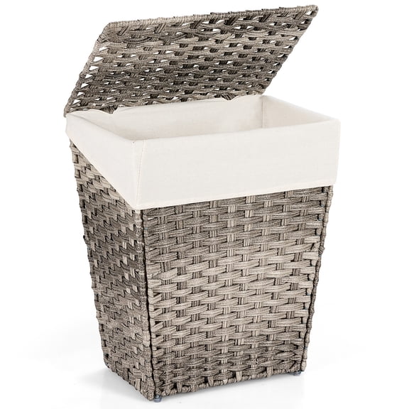 LYYHTY Handwoven Laundry Hamper, Foldable with Removable Liner, Lid & Handles, Grey, Waterproof PE Rattan, Sturdy Iron Frame, Bedroom Bathroom Organizer